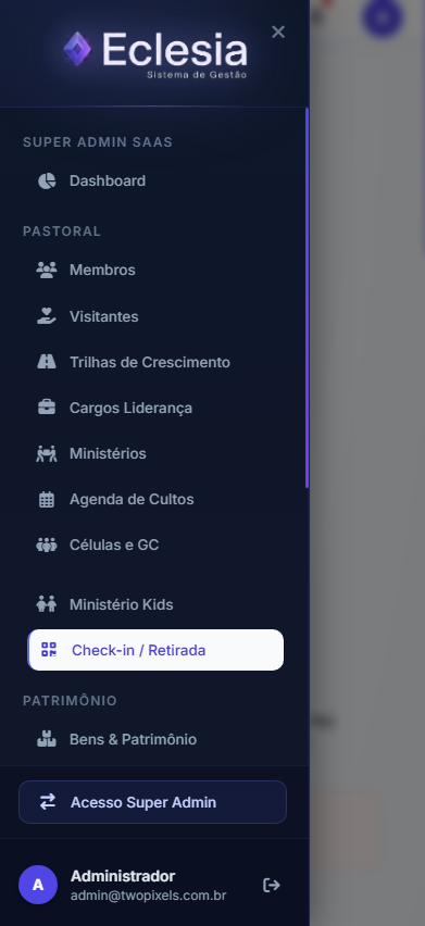 Menu com os recursos da plataforma Elizur